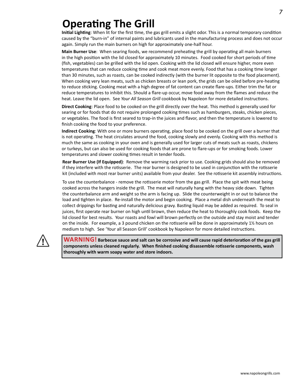 Operating the grill, Warning | Napoleon Grills LD485RB User Manual | Page 7 / 36
