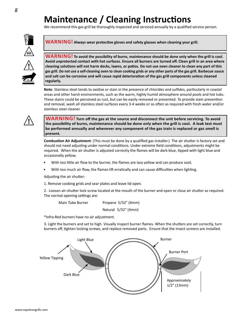 Maintenance / cleaning instructions, Warning | Napoleon Grills LD485RB User Manual | Page 8 / 36