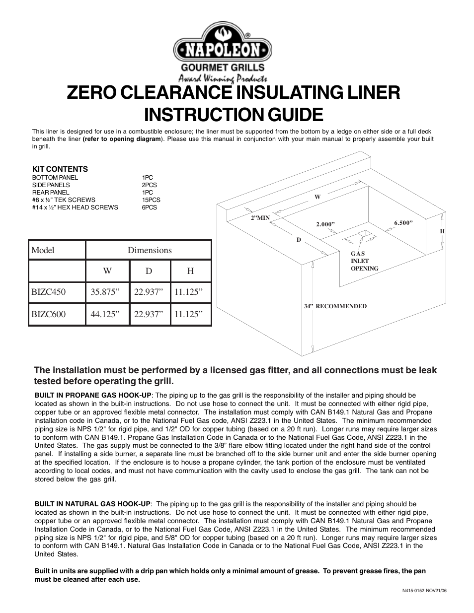 Napoleon Grills BIZC450 User Manual | 4 pages