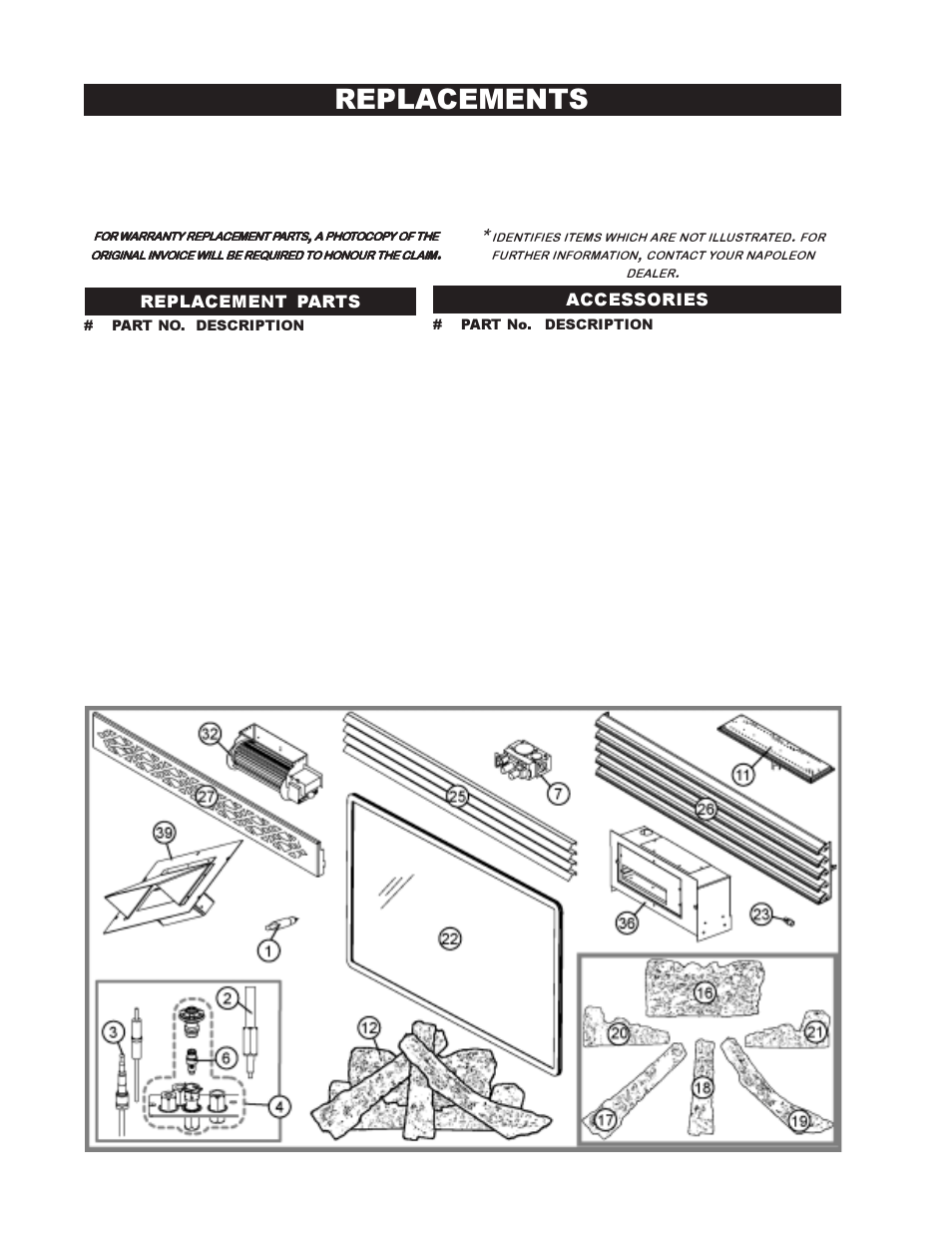 Replacements, Replacement parts accessories | Napoleon Fireplaces BGNV42P User Manual | Page 14 / 16