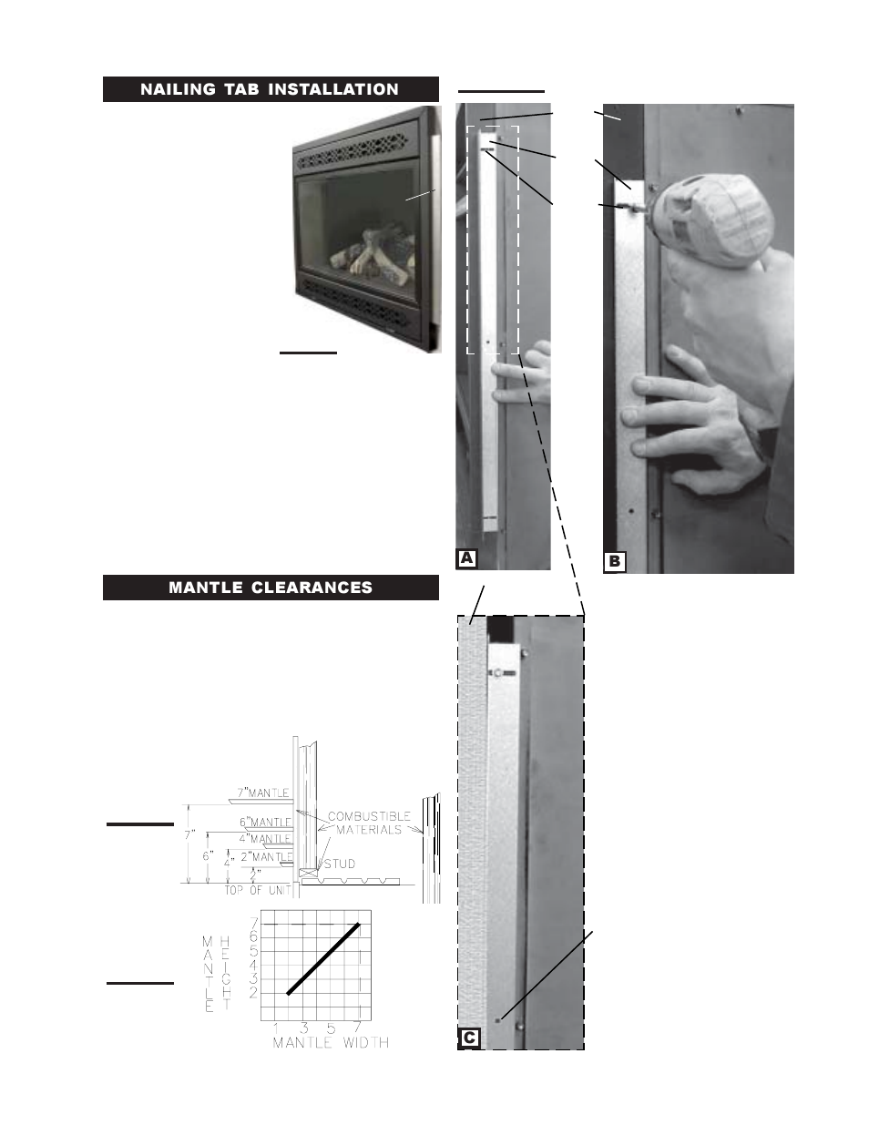 Ab c, Nailing tab installation mantle clearances | Napoleon Fireplaces BGNV42P User Manual | Page 7 / 16