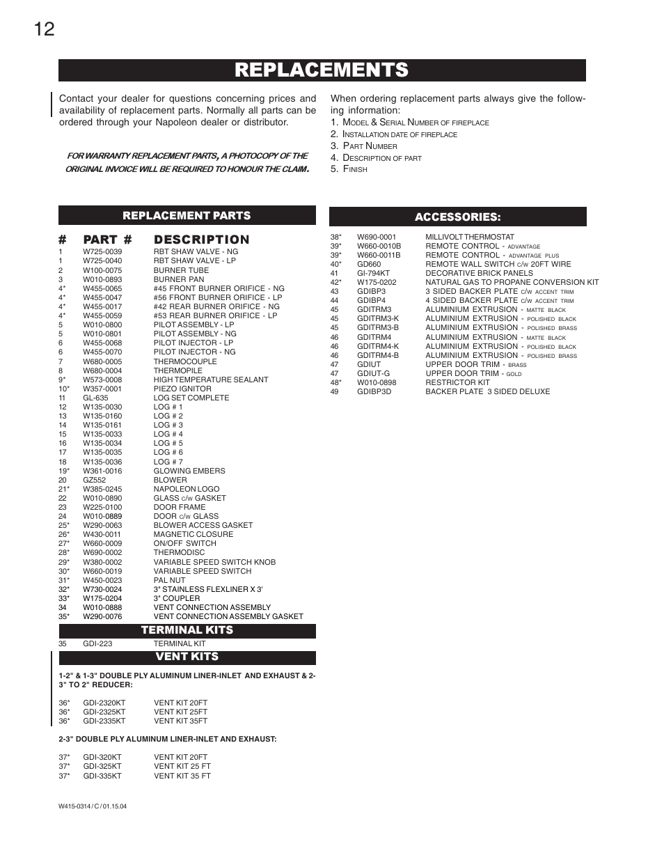 Replacements, Part # description, Replacement parts accessories: terminal kits | Vent kits | Napoleon Fireplaces GDI-44N User Manual | Page 12 / 16