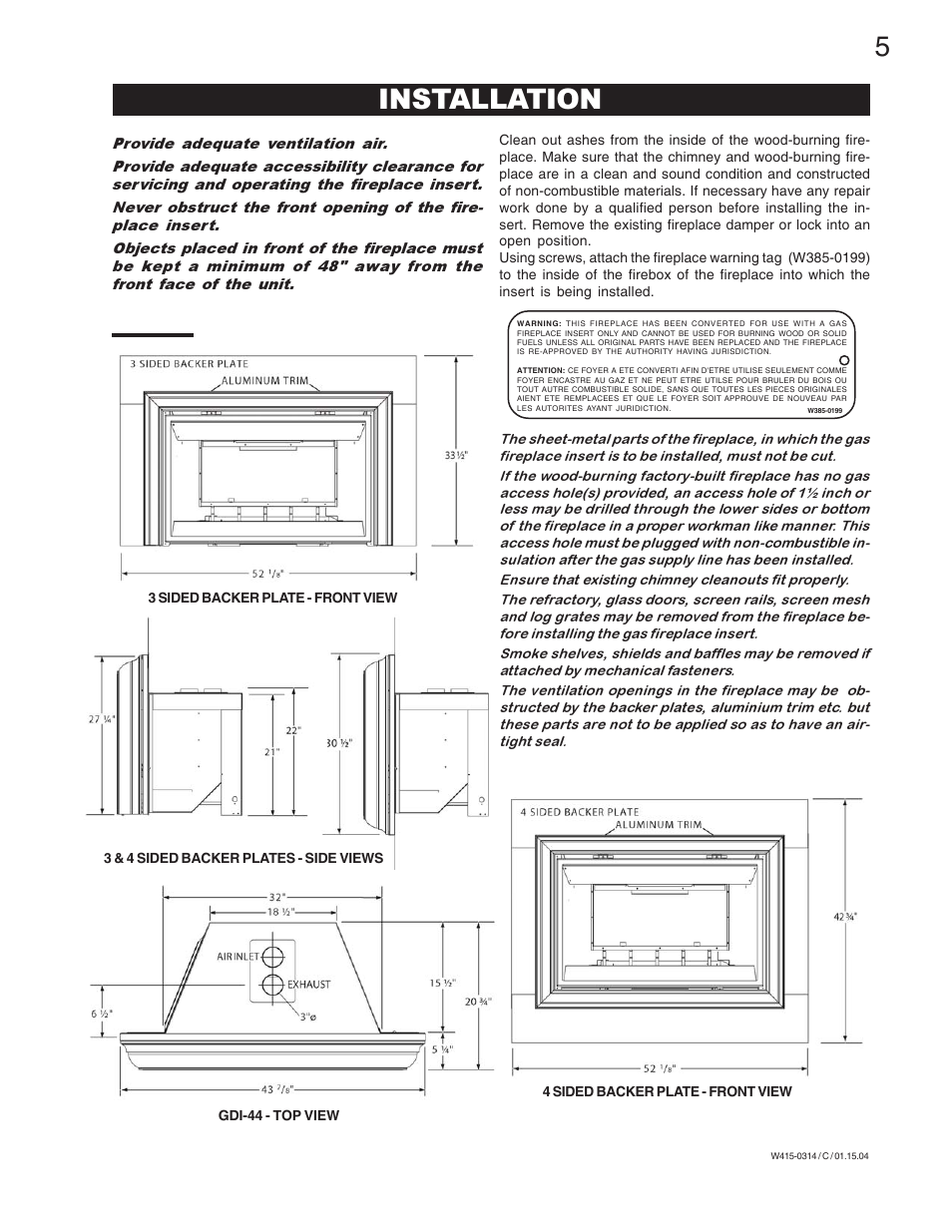 Installation | Napoleon Fireplaces GDI-44N User Manual | Page 5 / 16