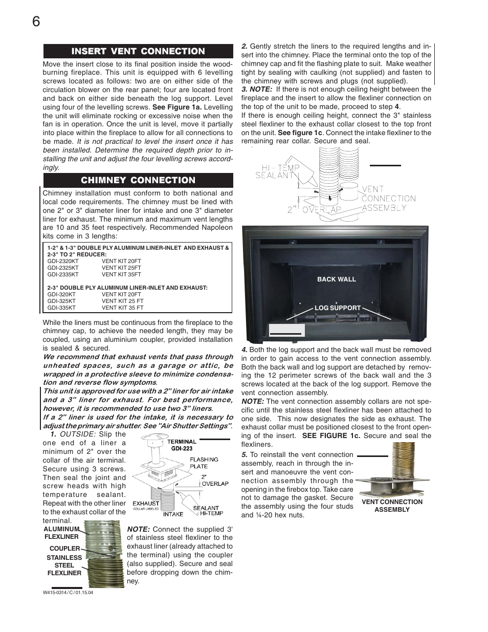 Insert vent connection chimney connection | Napoleon Fireplaces GDI-44N User Manual | Page 6 / 16