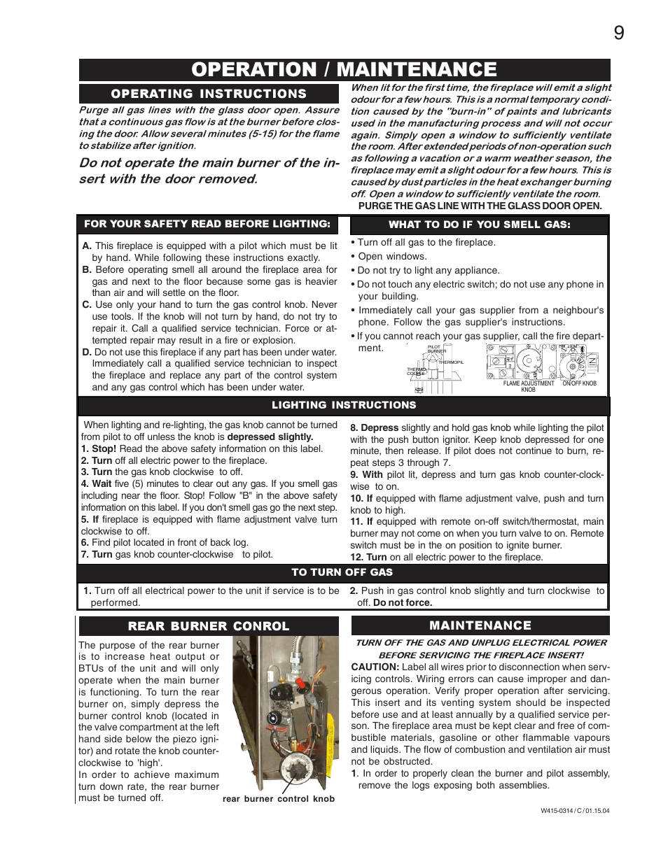 Operation / maintenance, Operating instructions, Maintenance rear burner conrol | Napoleon Fireplaces GDI-44N User Manual | Page 9 / 16