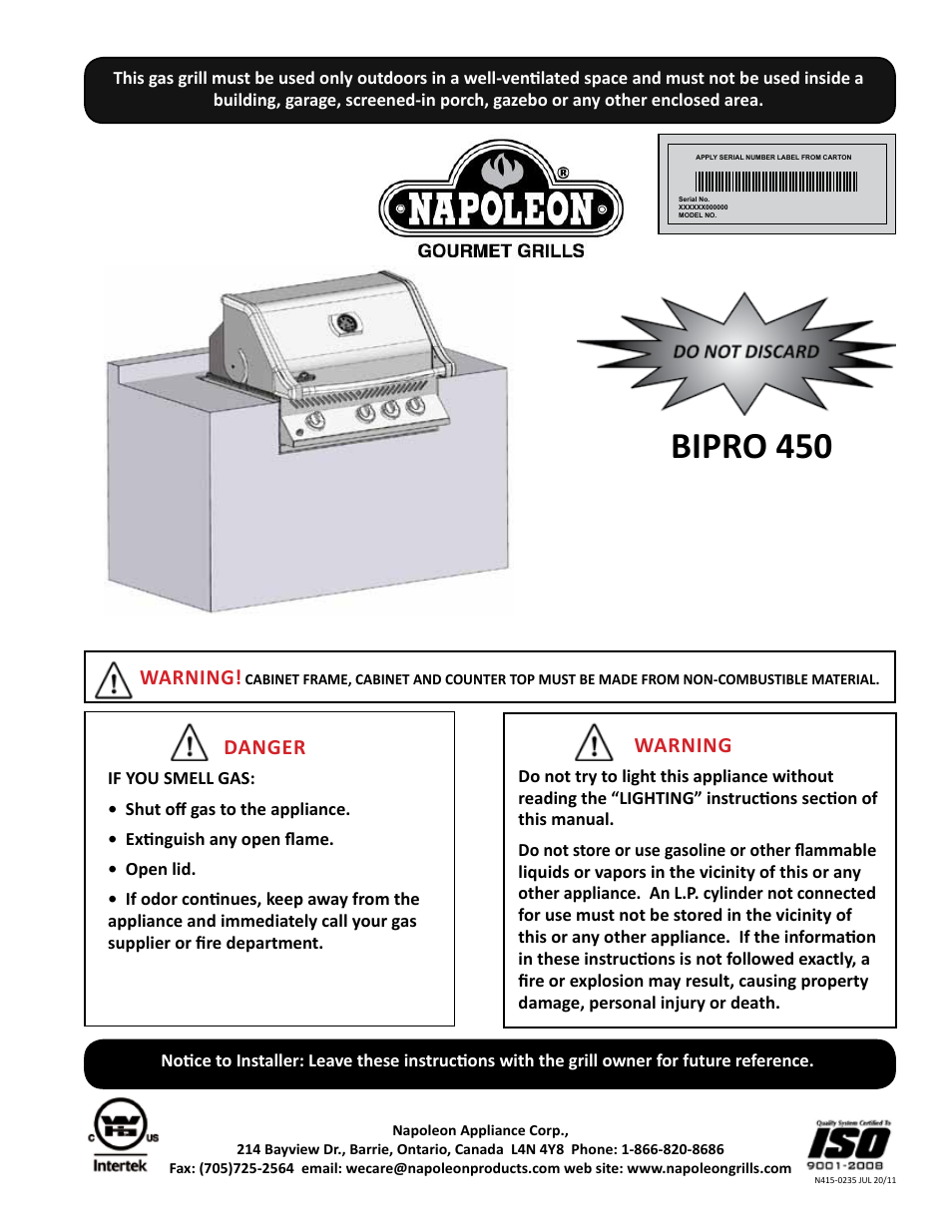 Napoleon Grills BIPRO 450 User Manual | 28 pages