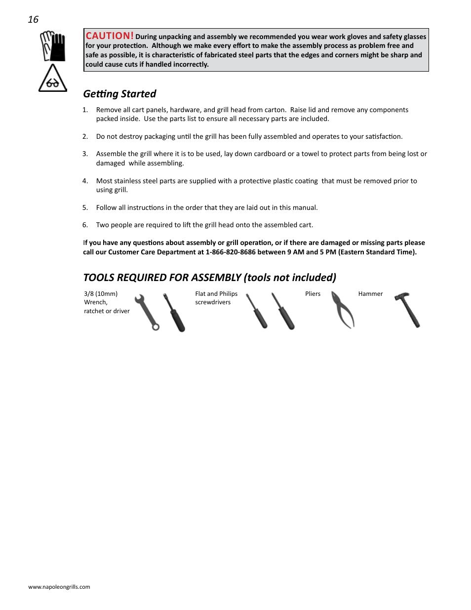 Getting started, Tools required for assembly (tools not included), Caution | Napoleon Grills BIPRO 450 User Manual | Page 16 / 28