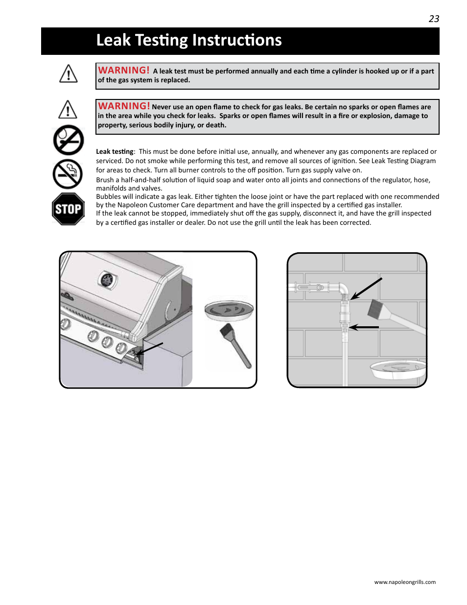 Leak testing instructions, Warning | Napoleon Grills BIPRO 450 User Manual | Page 23 / 28