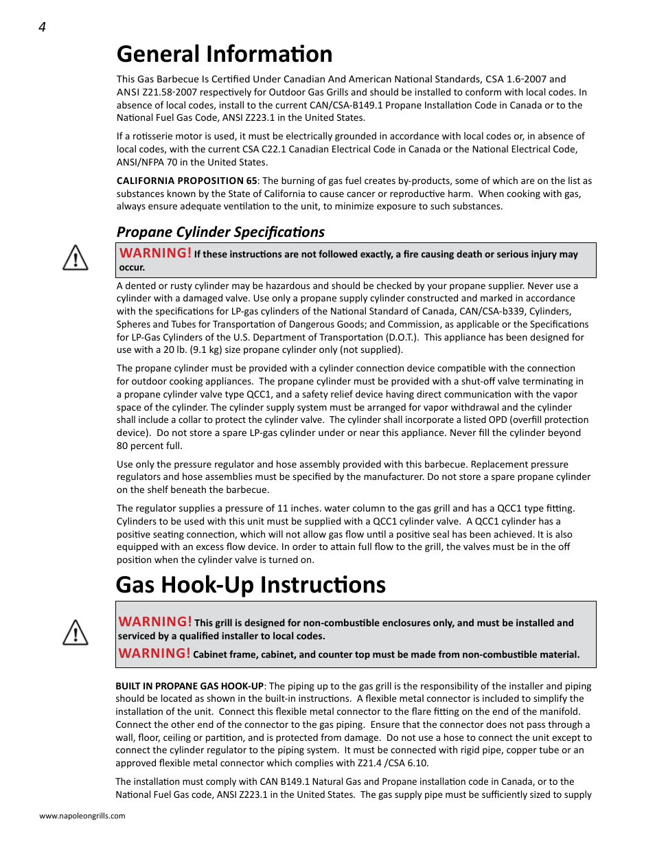 General information, Gas hook-up instructions, Propane cylinder specifications | Warning | Napoleon Grills BIPRO 450 User Manual | Page 4 / 28