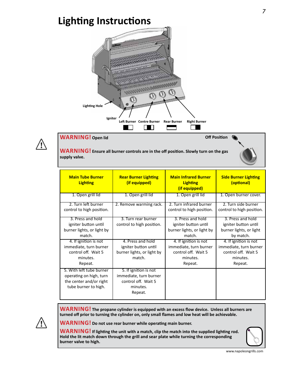 Lighting instructions, Warning | Napoleon Grills BIPRO 450 User Manual | Page 7 / 28