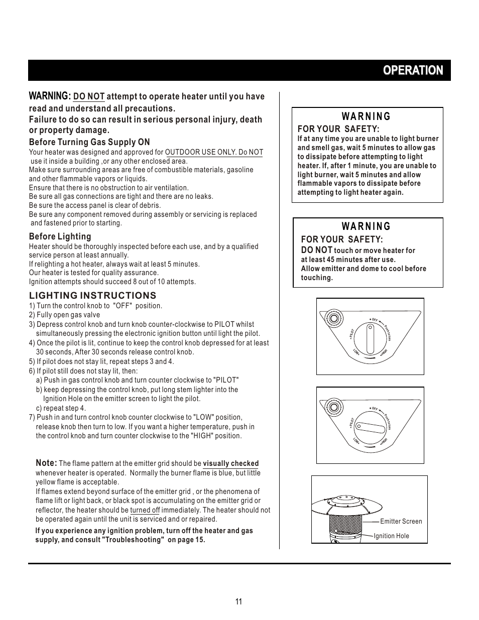 Т³11, Operation, Warning | Before lighting, Lighting instructions, For your safety, For your safety: do not | Napoleon Grills PTH38PSS User Manual | Page 11 / 15