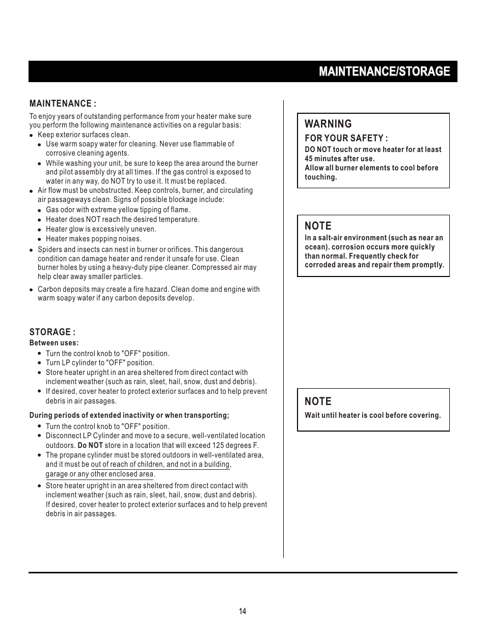 Т³14, Maintenance/storage, Warning | Napoleon Grills PTH38PSS User Manual | Page 14 / 15