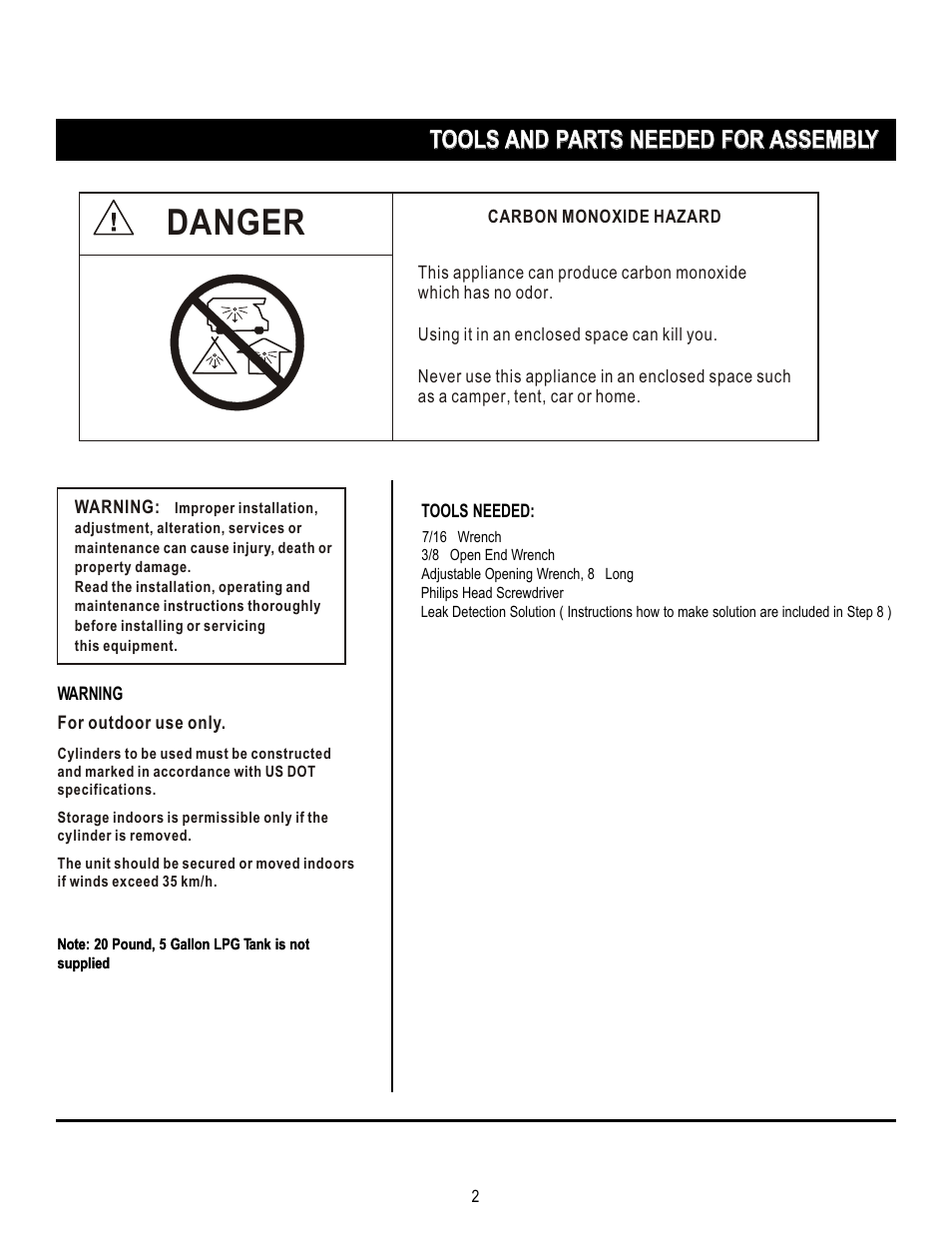 Danger, Tools and parts needed for assembly | Napoleon Grills PTH38PSS User Manual | Page 2 / 15