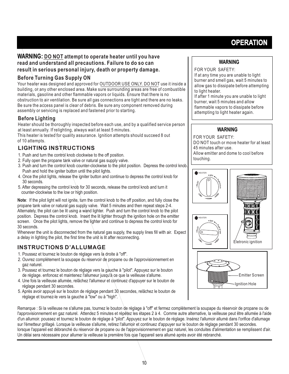 页 10, Operation, Warning | Before lighting, Lighting instructions, Instructions d’allumage | Napoleon Grills PROPANE PATIO HEATER SRPH01 User Manual | Page 10 / 14