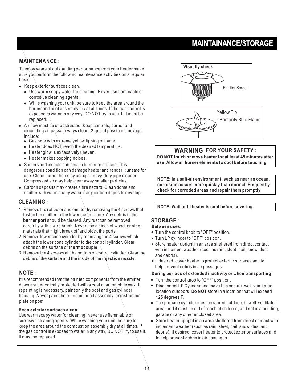 页 13, Maintainance/storage, Warning | Napoleon Grills PROPANE PATIO HEATER SRPH01 User Manual | Page 13 / 14