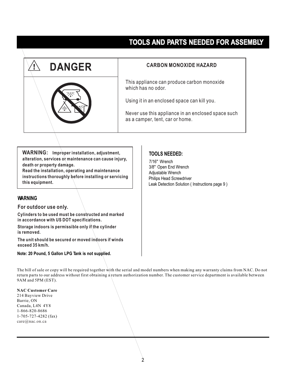 Danger, Tools and parts needed for assembly | Napoleon Grills PROPANE PATIO HEATER SRPH01 User Manual | Page 2 / 14