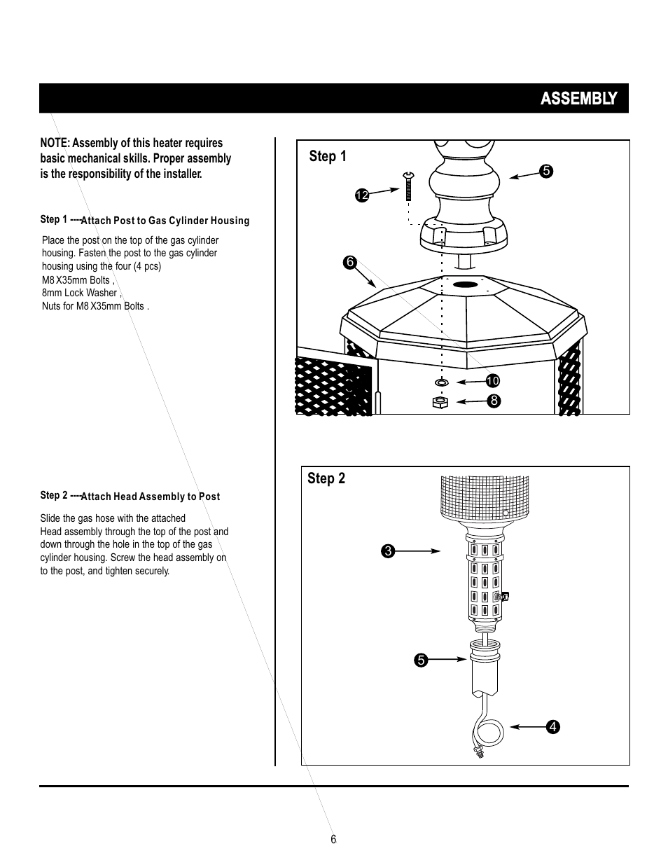 Assembly, Step 1, Step 2 | Napoleon Grills PROPANE PATIO HEATER SRPH01 User Manual | Page 6 / 14