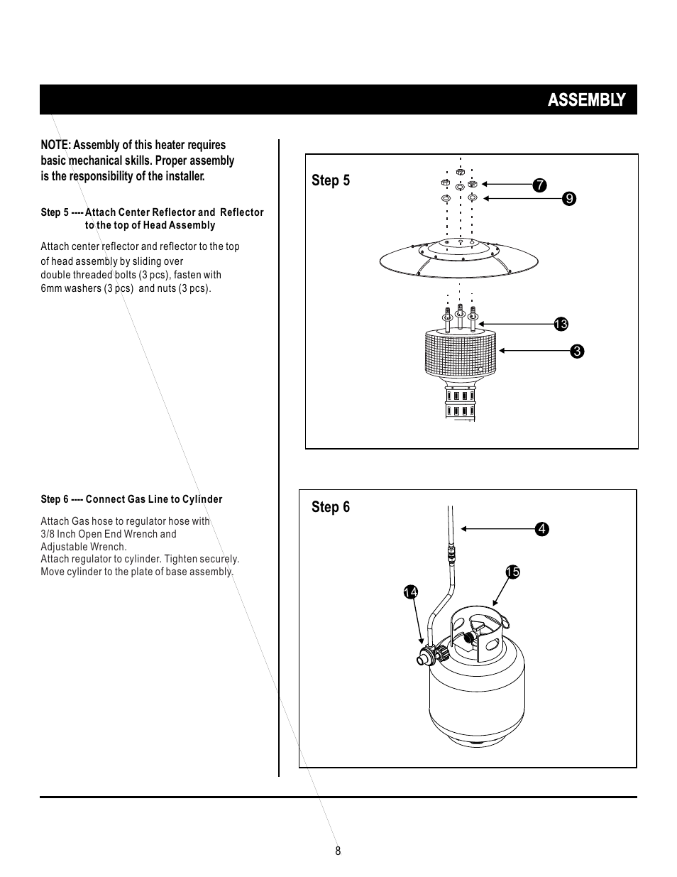 Assembly, Step 5, Step 6 | Napoleon Grills PROPANE PATIO HEATER SRPH01 User Manual | Page 8 / 14