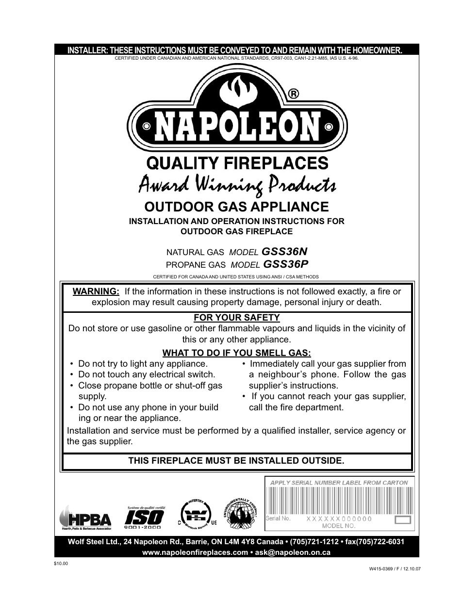 Napoleon Fireplaces GSS36N User Manual | 12 pages