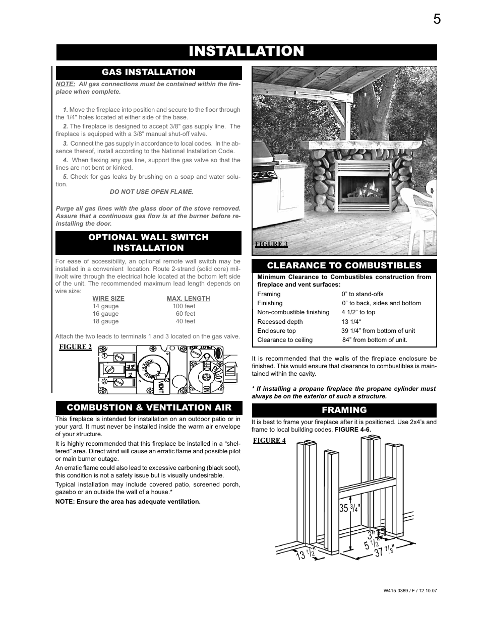 Installation, Gas installation, Optional wall switch installation | Framing | Napoleon Fireplaces GSS36N User Manual | Page 5 / 12