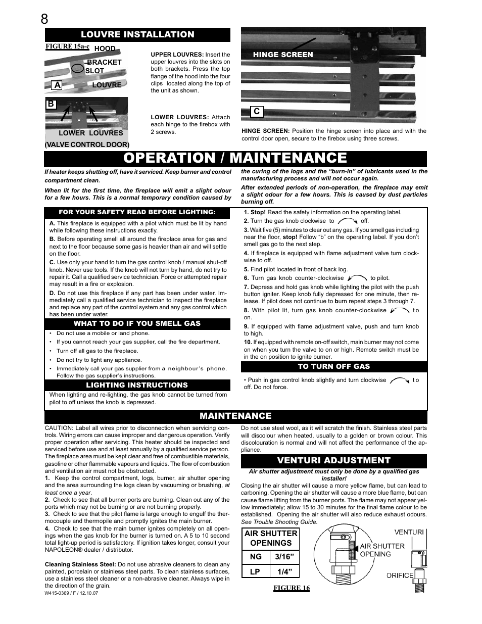 Operation / maintenance, Maintenance venturi adjustment, Louvre installation | Napoleon Fireplaces GSS36N User Manual | Page 8 / 12