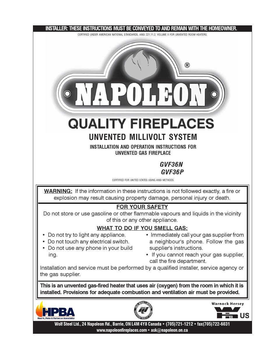 Napoleon Fireplaces GVF36 User Manual | 20 pages