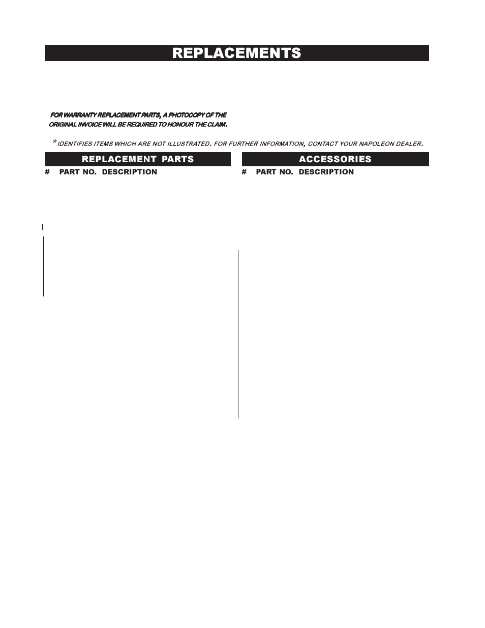 Replacements, Replacement parts accessories | Napoleon Fireplaces GVF36 User Manual | Page 16 / 20