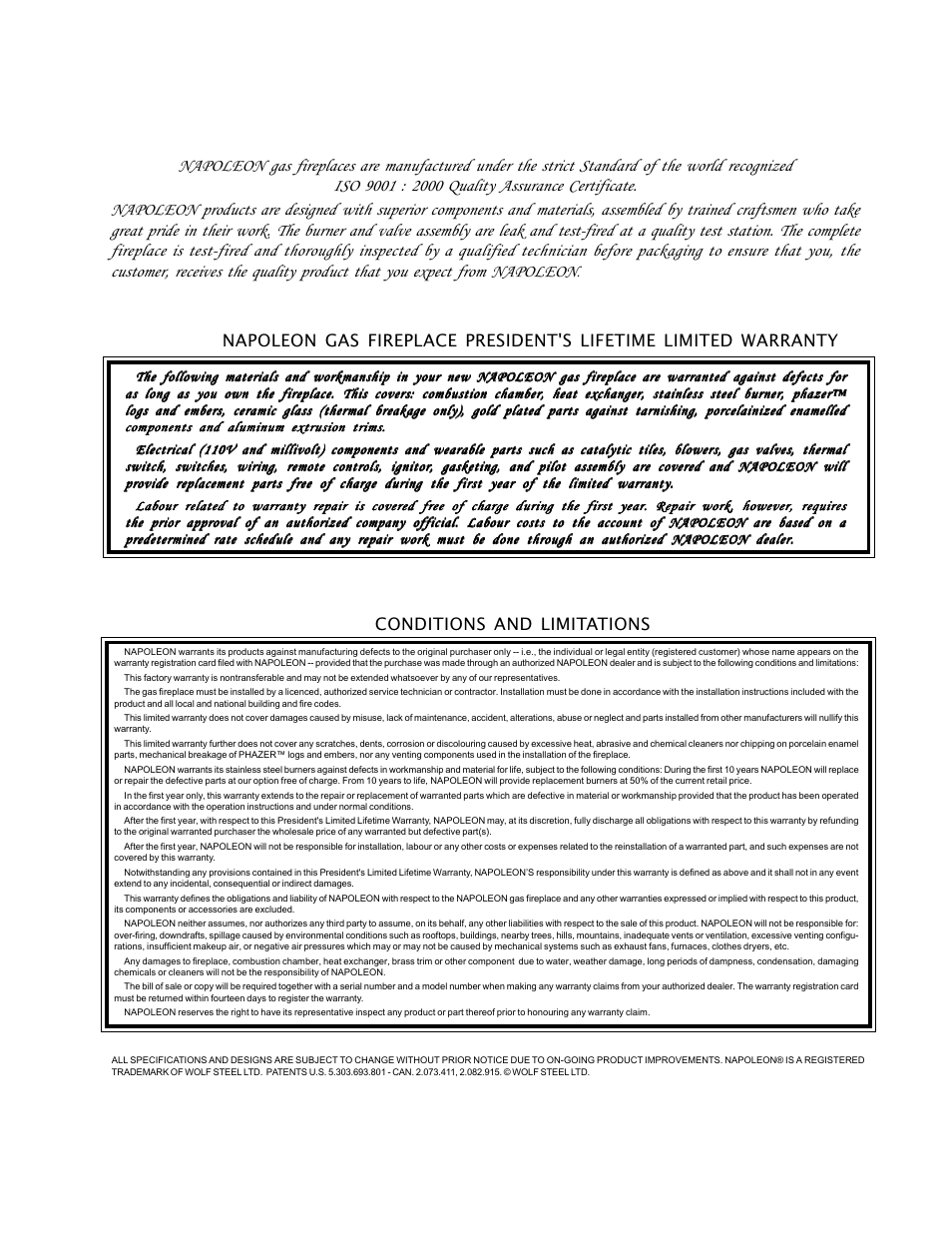 Conditions and limitations | Napoleon Fireplaces GVF36 User Manual | Page 3 / 20