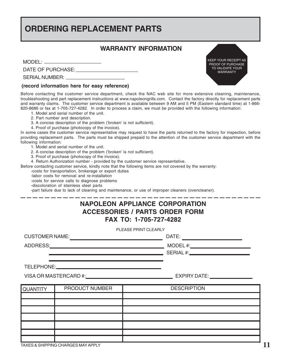 Ordering replacement parts, Warranty information | Napoleon Grills MIRAGE 730 User Manual | Page 11 / 32