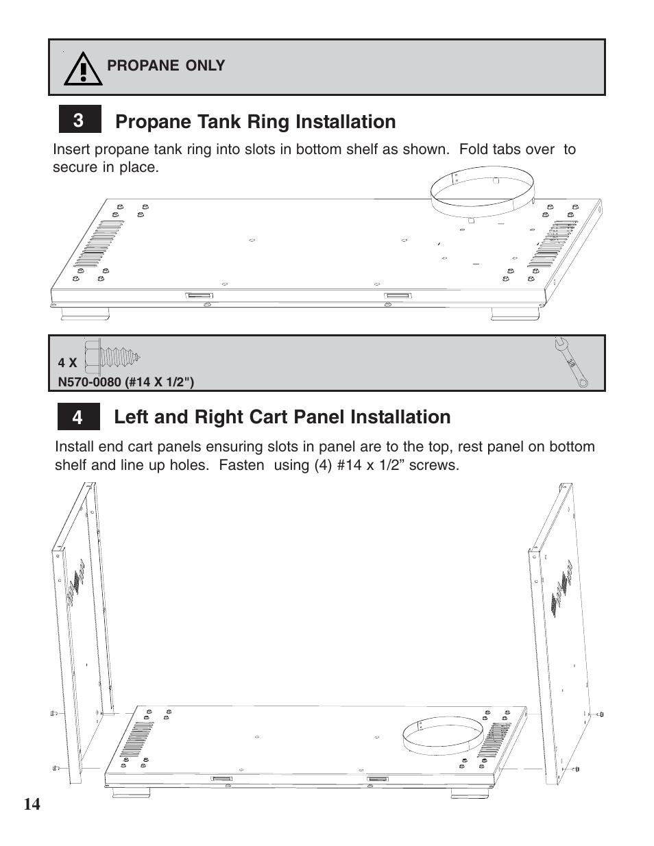 4left and right cart panel installation, Propane tank ring installation | Napoleon Grills MIRAGE 730 User Manual | Page 14 / 32