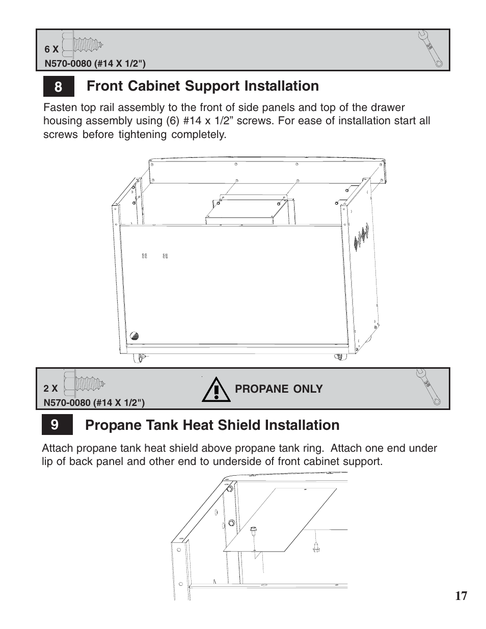 9propane tank heat shield installation, Front cabinet support installation 8 | Napoleon Grills MIRAGE 730 User Manual | Page 17 / 32