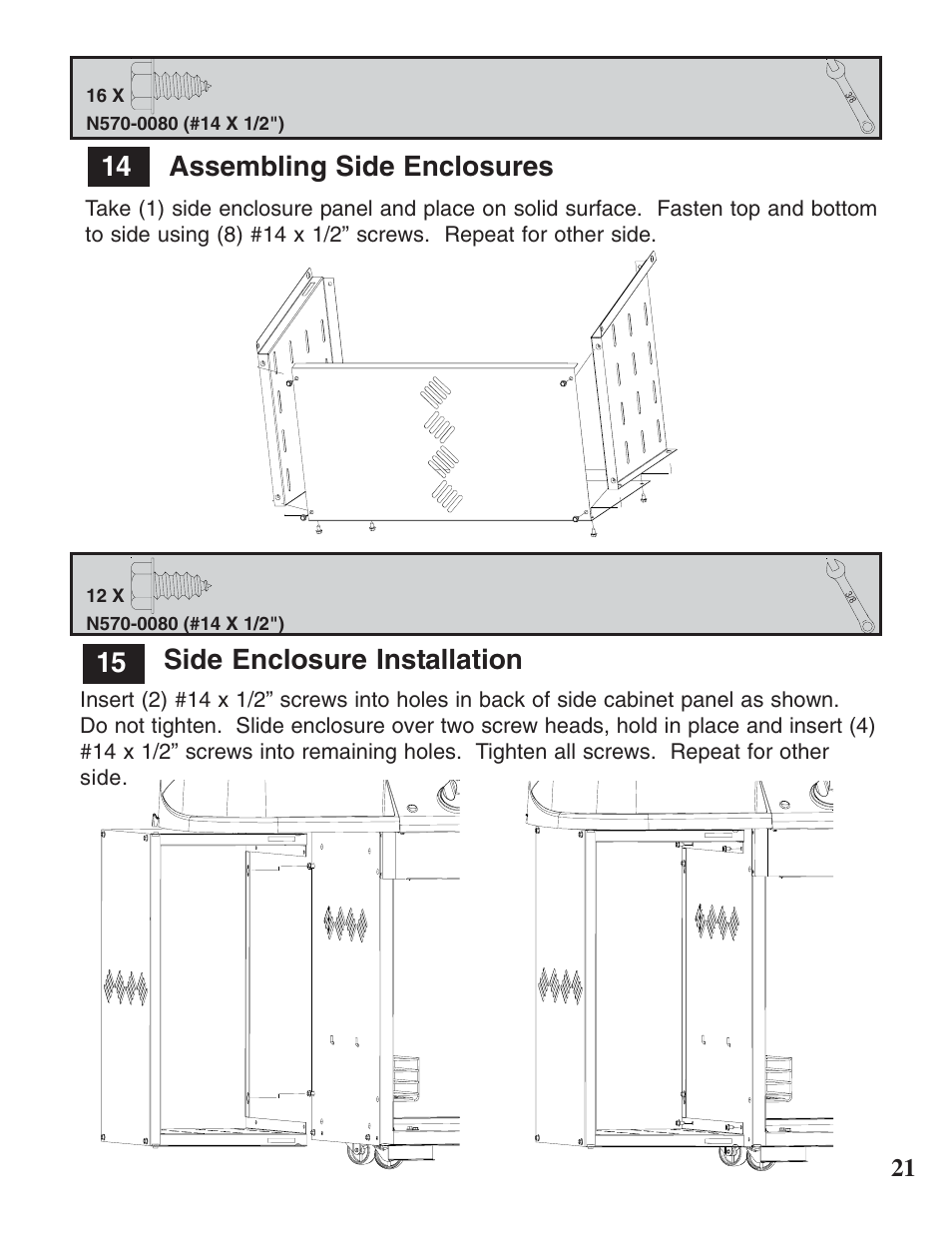 14 assembling side enclosures, 15 side enclosure installation | Napoleon Grills MIRAGE 730 User Manual | Page 21 / 32