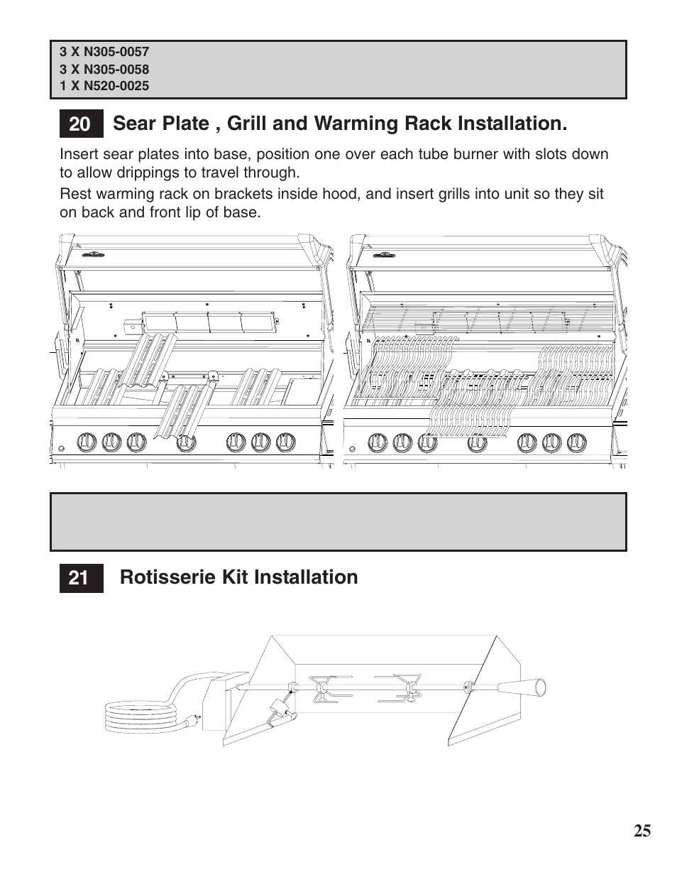Sear plate , grill and warming rack installation, Rotisserie kit installation 21 | Napoleon Grills MIRAGE 730 User Manual | Page 25 / 32