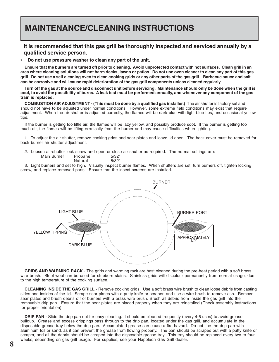 Maintenance/cleaning instructions | Napoleon Grills MIRAGE 730 User Manual | Page 8 / 32