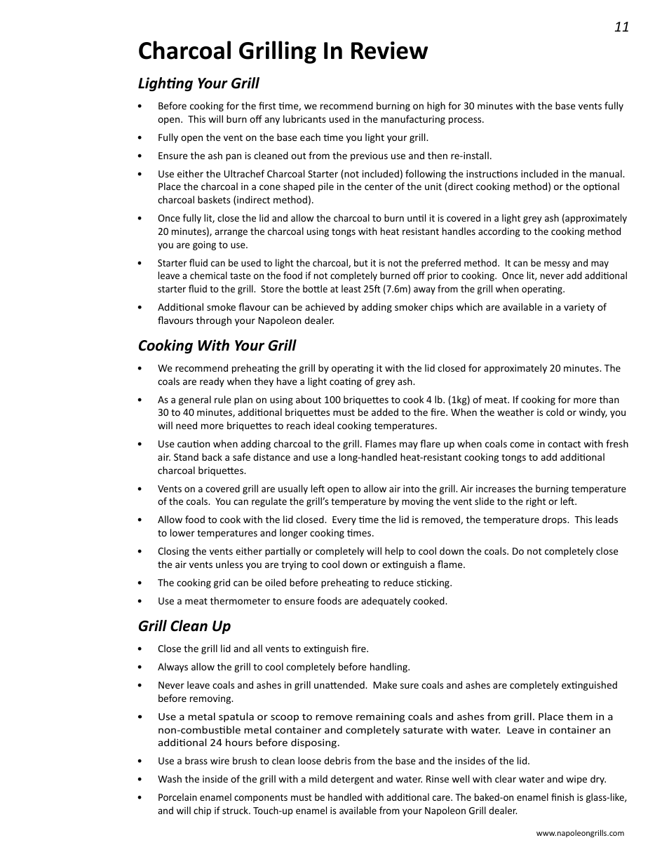 Charcoal grilling in review, Lighting your grill, Cooking with your grill | Grill clean up | Napoleon Grills M605RBCSS User Manual | Page 11 / 28