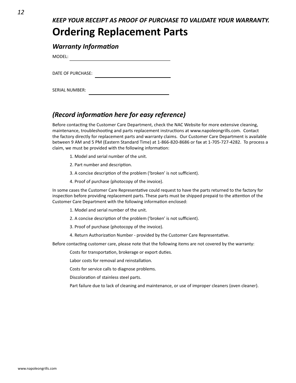 Ordering replacement parts, Warranty information, Record information here for easy reference) | Napoleon Grills M605RBCSS User Manual | Page 12 / 28