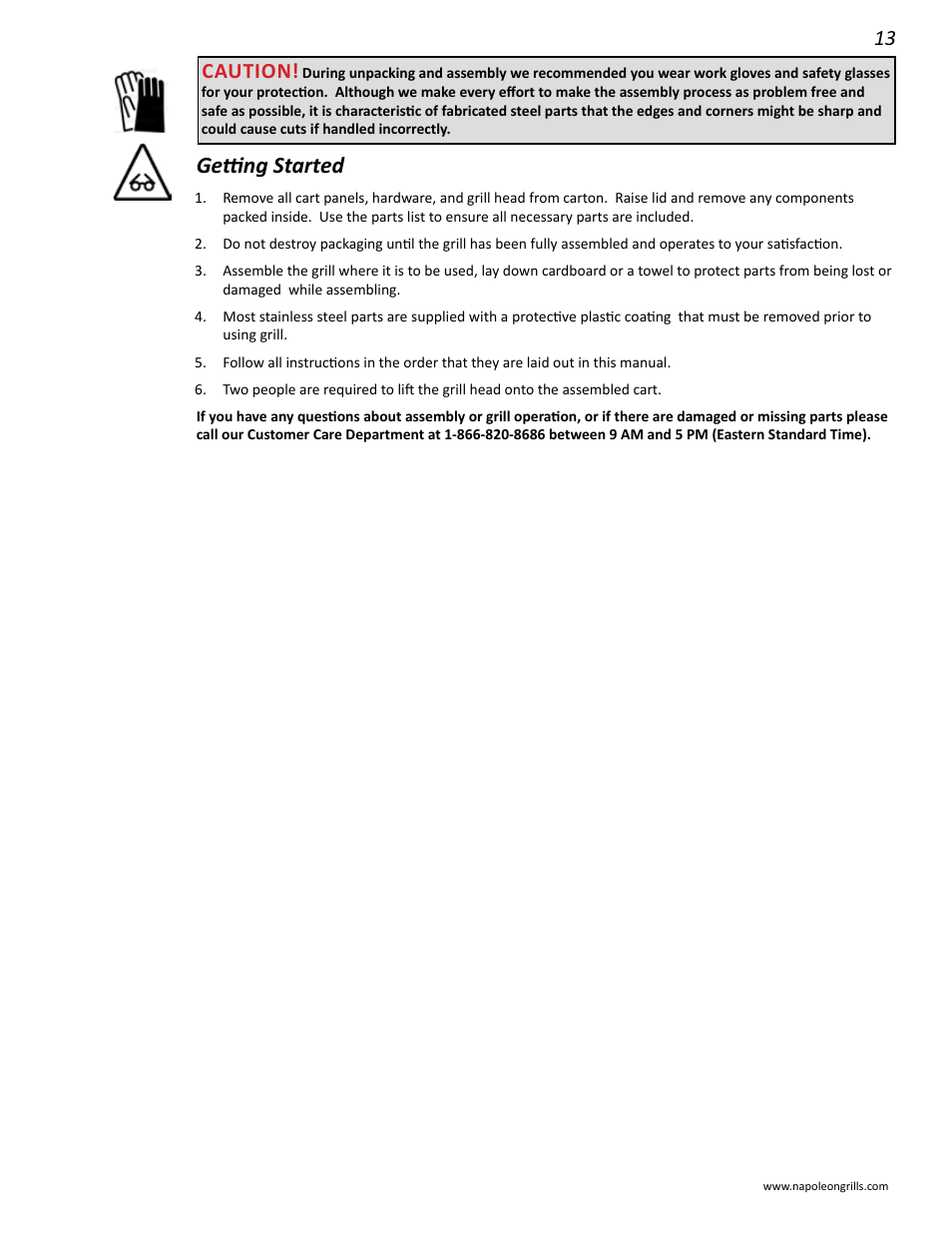 Getting started, Caution | Napoleon Grills M605RBCSS User Manual | Page 13 / 28