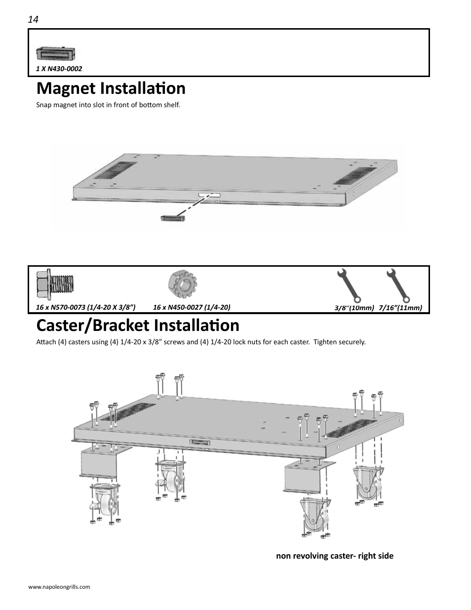 Magnet installation, Caster/bracket installation | Napoleon Grills M605RBCSS User Manual | Page 14 / 28