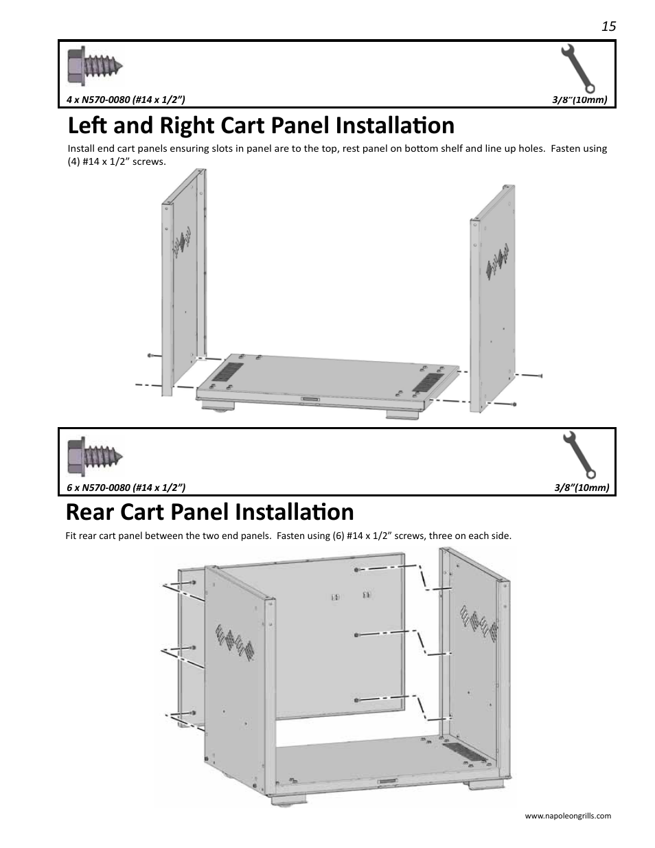 Left and right cart panel installation, Rear cart panel installation | Napoleon Grills M605RBCSS User Manual | Page 15 / 28