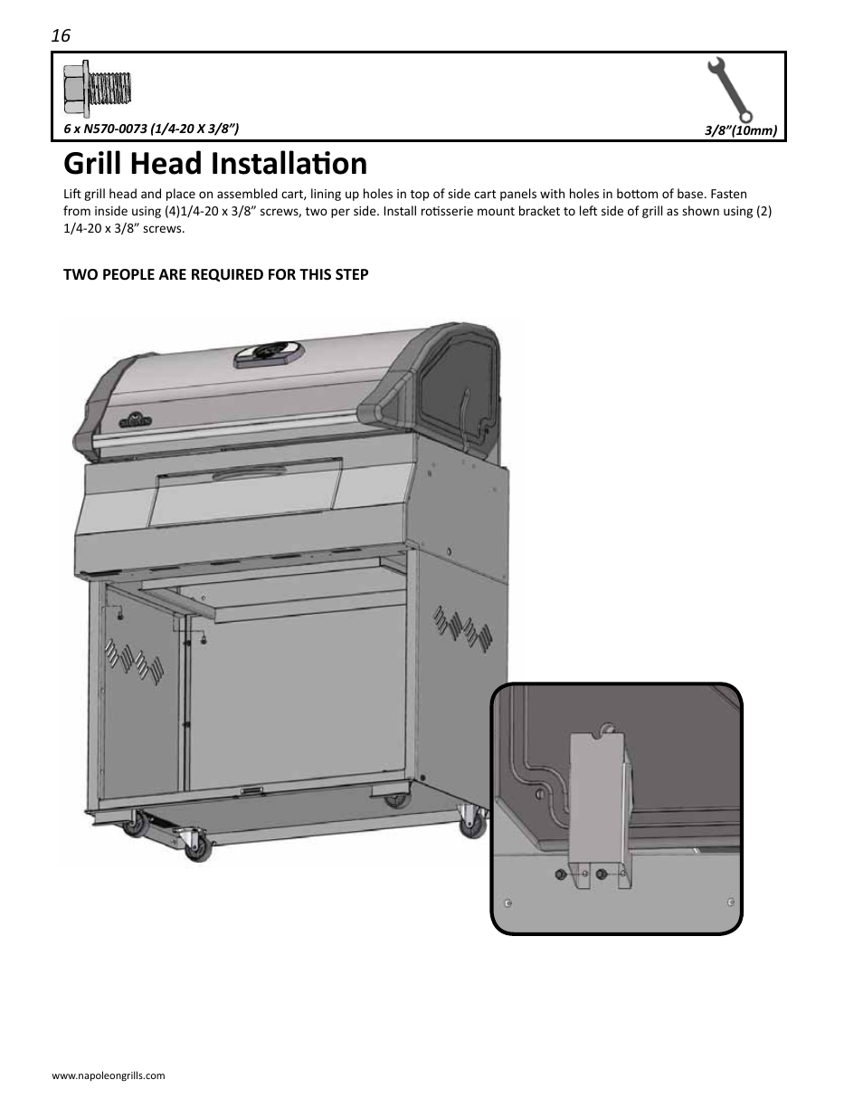 Grill head installation | Napoleon Grills M605RBCSS User Manual | Page 16 / 28