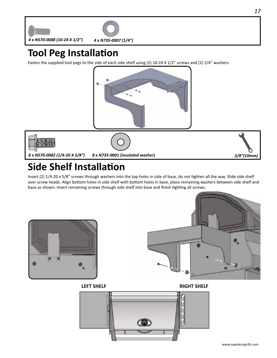 Side shelf installation, Tool peg installation | Napoleon Grills M605RBCSS User Manual | Page 17 / 28