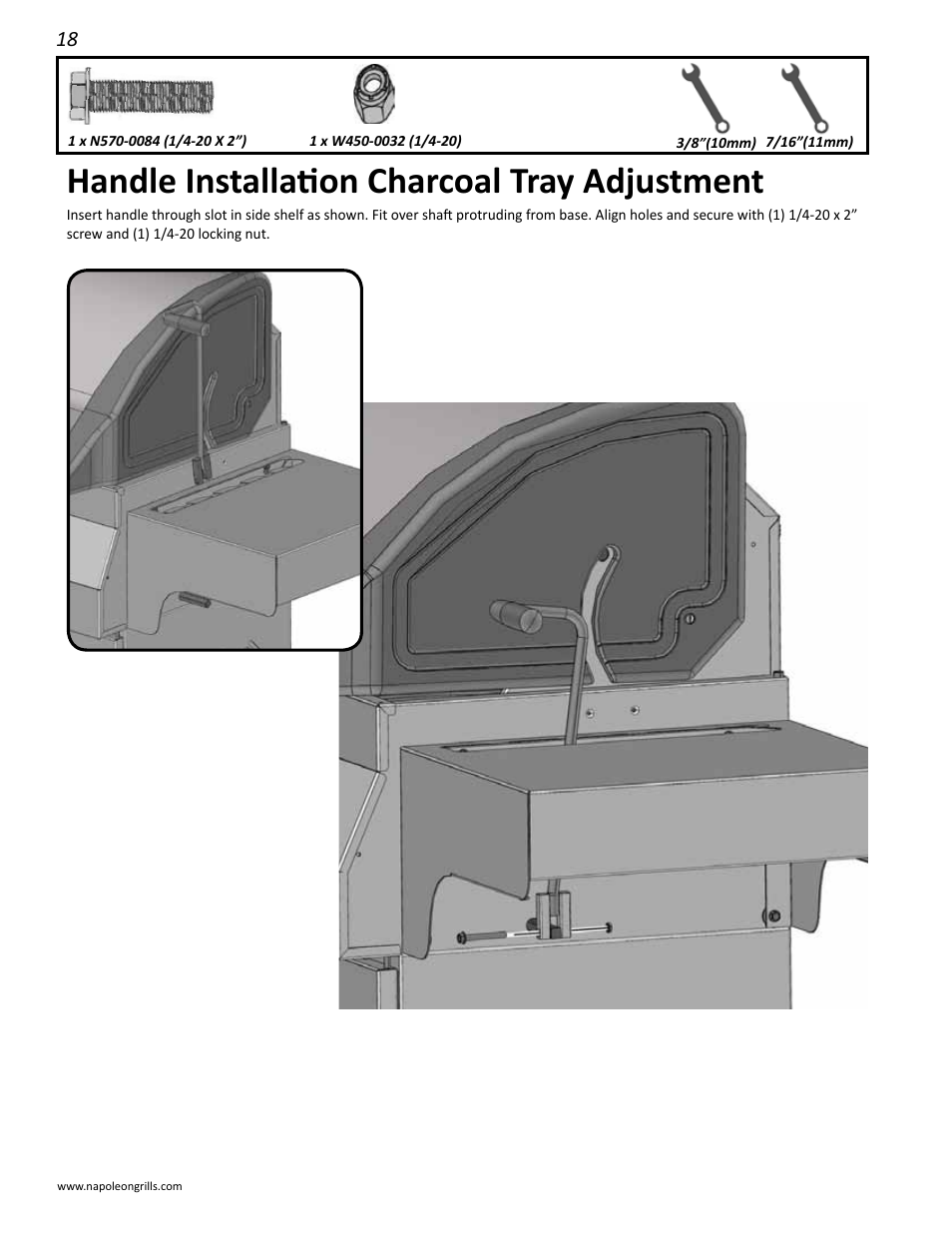 Handle installation charcoal tray adjustment | Napoleon Grills M605RBCSS User Manual | Page 18 / 28