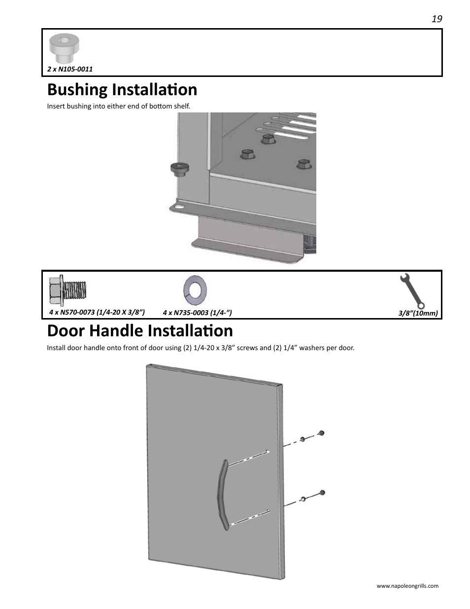 Bushing installation, Door handle installation | Napoleon Grills M605RBCSS User Manual | Page 19 / 28