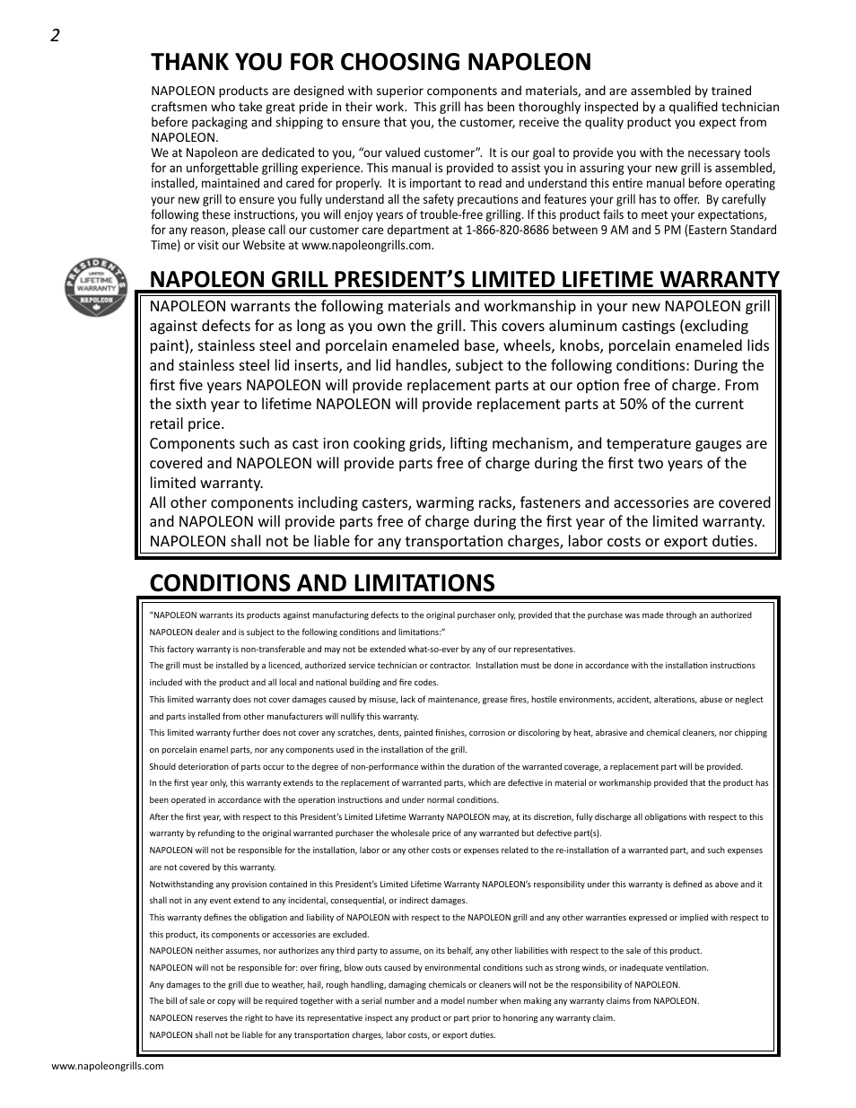 Conditions and limitations | Napoleon Grills M605RBCSS User Manual | Page 2 / 28