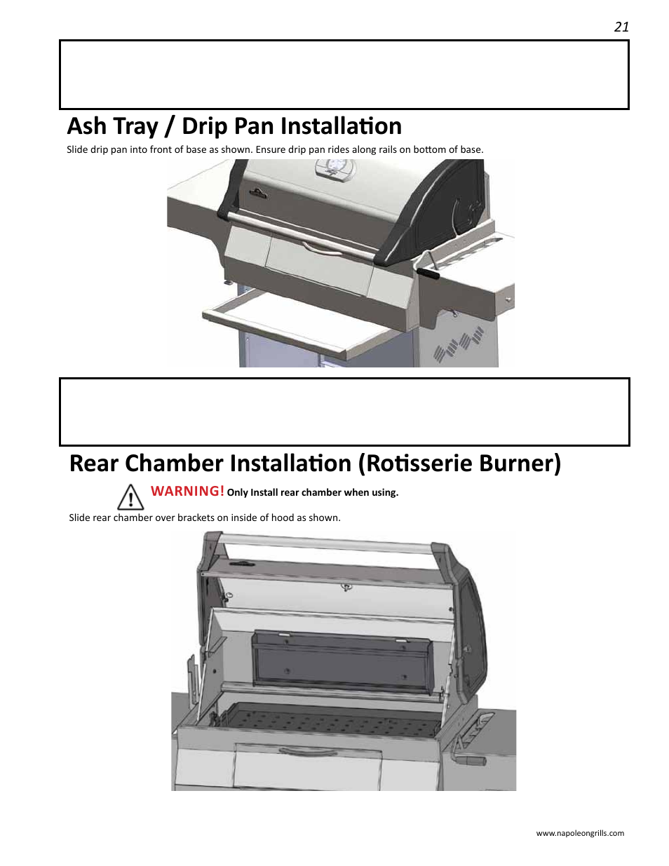 Ash tray / drip pan installation, Rear chamber installation (rotisserie burner) | Napoleon Grills M605RBCSS User Manual | Page 21 / 28