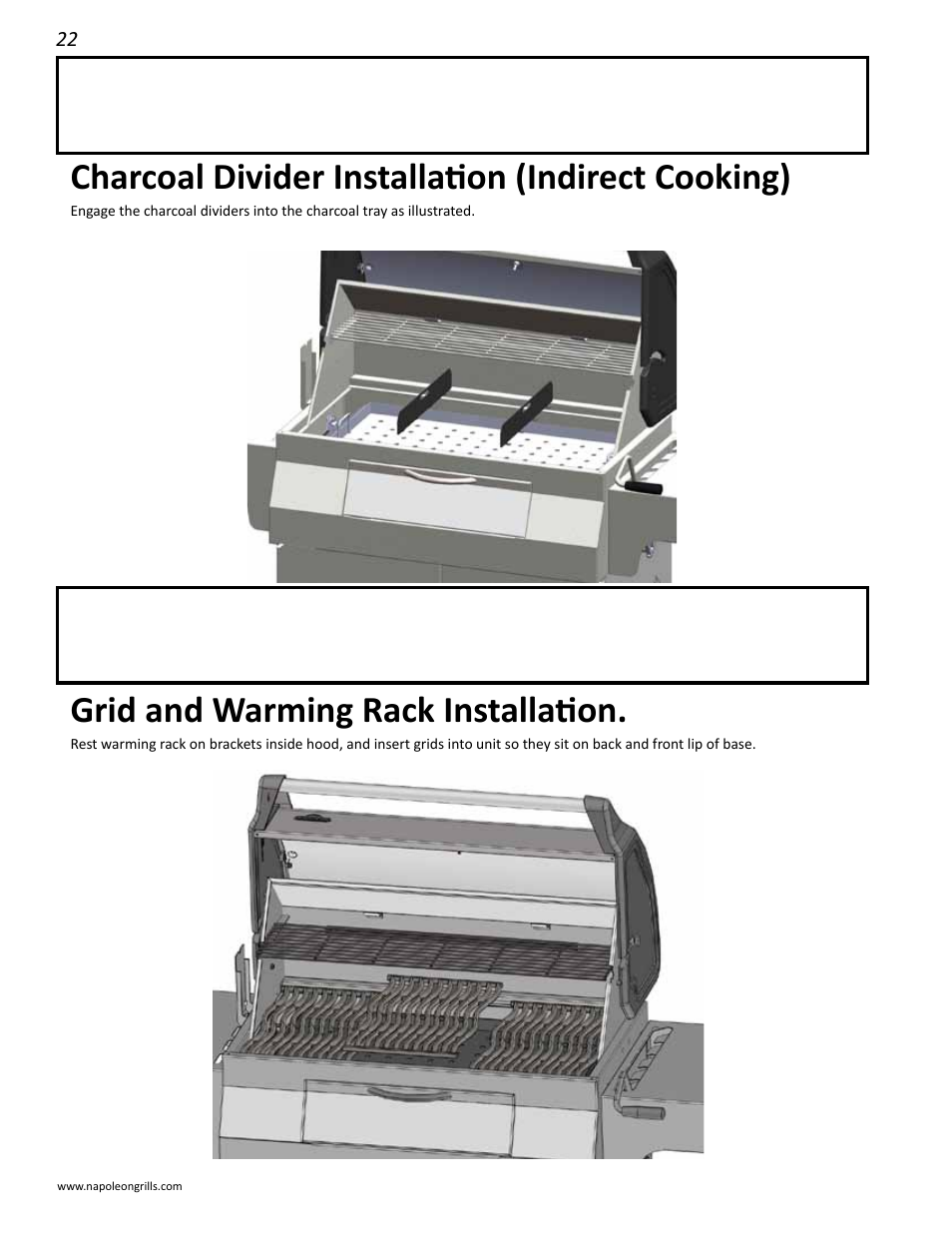Grid and warming rack installation, Charcoal divider installation (indirect cooking) | Napoleon Grills M605RBCSS User Manual | Page 22 / 28