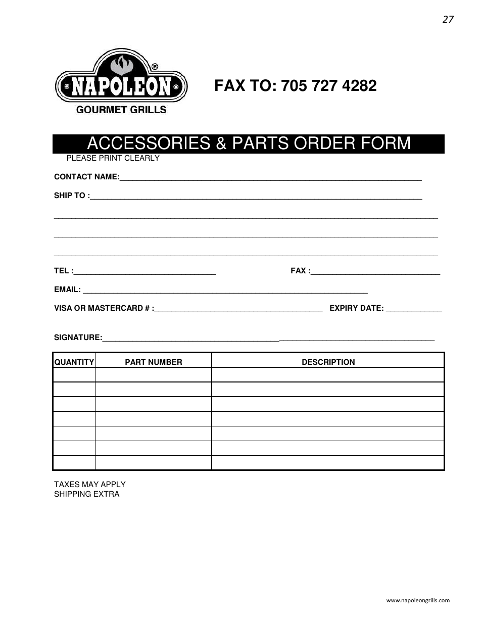 Accessories & parts order form | Napoleon Grills M605RBCSS User Manual | Page 27 / 28