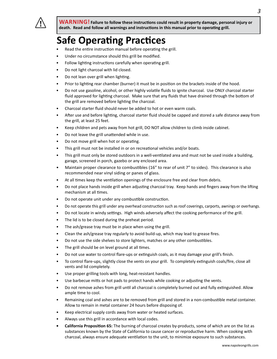 Safe operating practices, Warning | Napoleon Grills M605RBCSS User Manual | Page 3 / 28