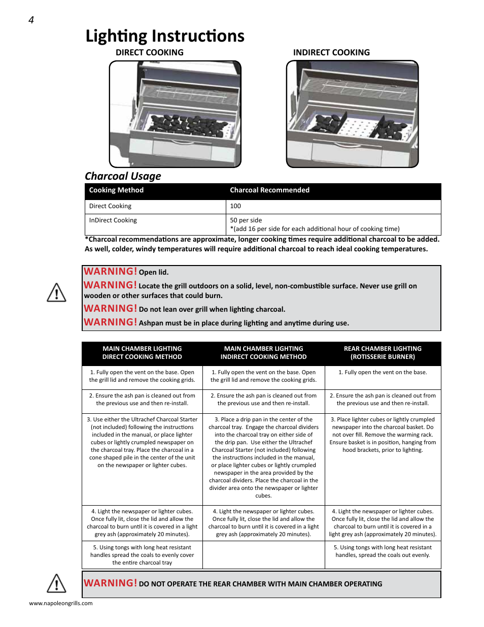 Lighting instructions, Charcoal usage, Warning | Direct cooking indirect cooking | Napoleon Grills M605RBCSS User Manual | Page 4 / 28