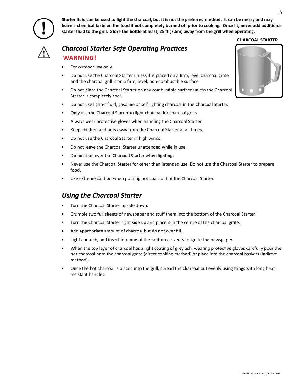 Charcoal starter safe operating practices, Using the charcoal starter, Warning | Napoleon Grills M605RBCSS User Manual | Page 5 / 28